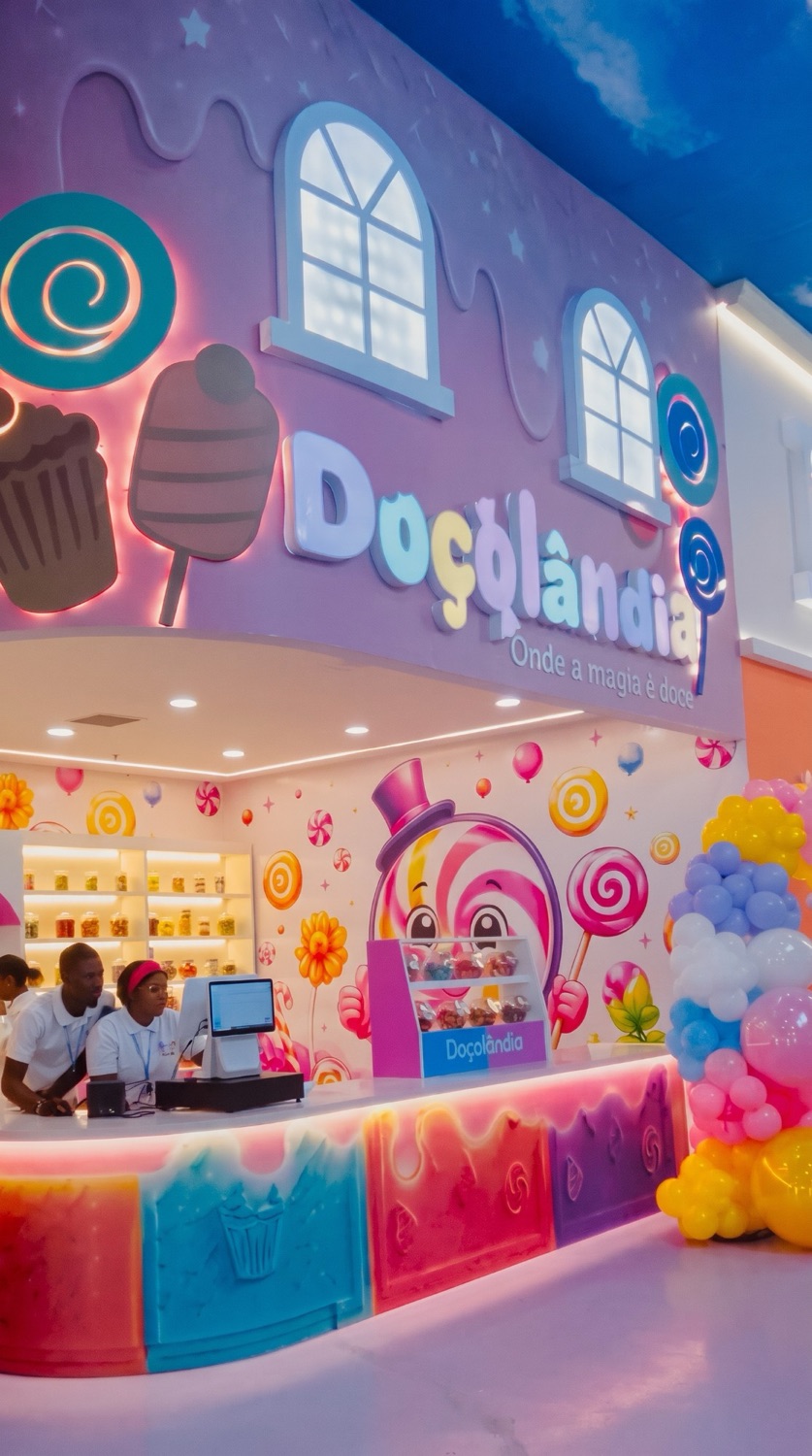 Loja Doçolândia: letreiro, balcão colorido e balões